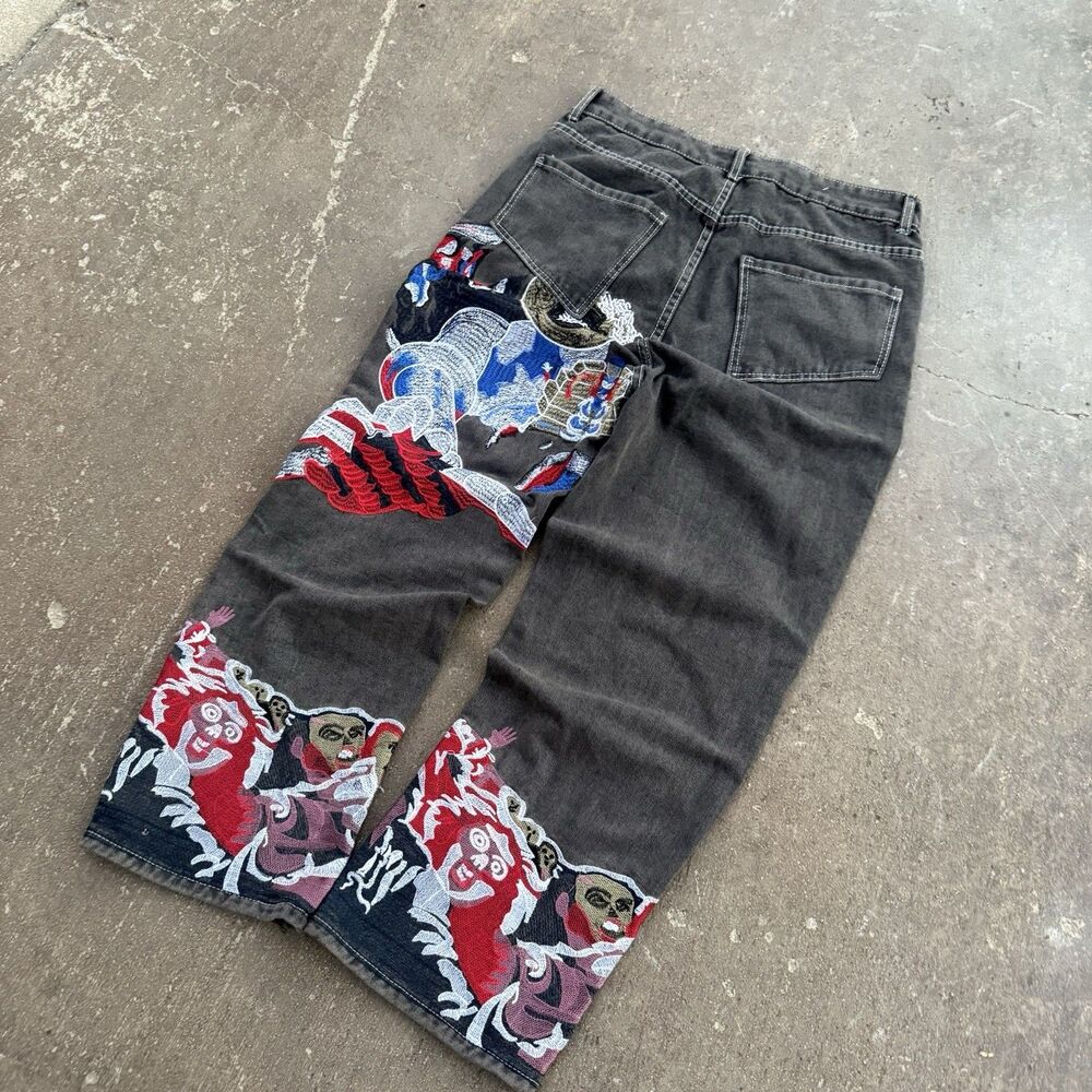 Embroidered Baggy Y2ak Hip Hop Jeans Size 32x32 - Picture 2 of 6
